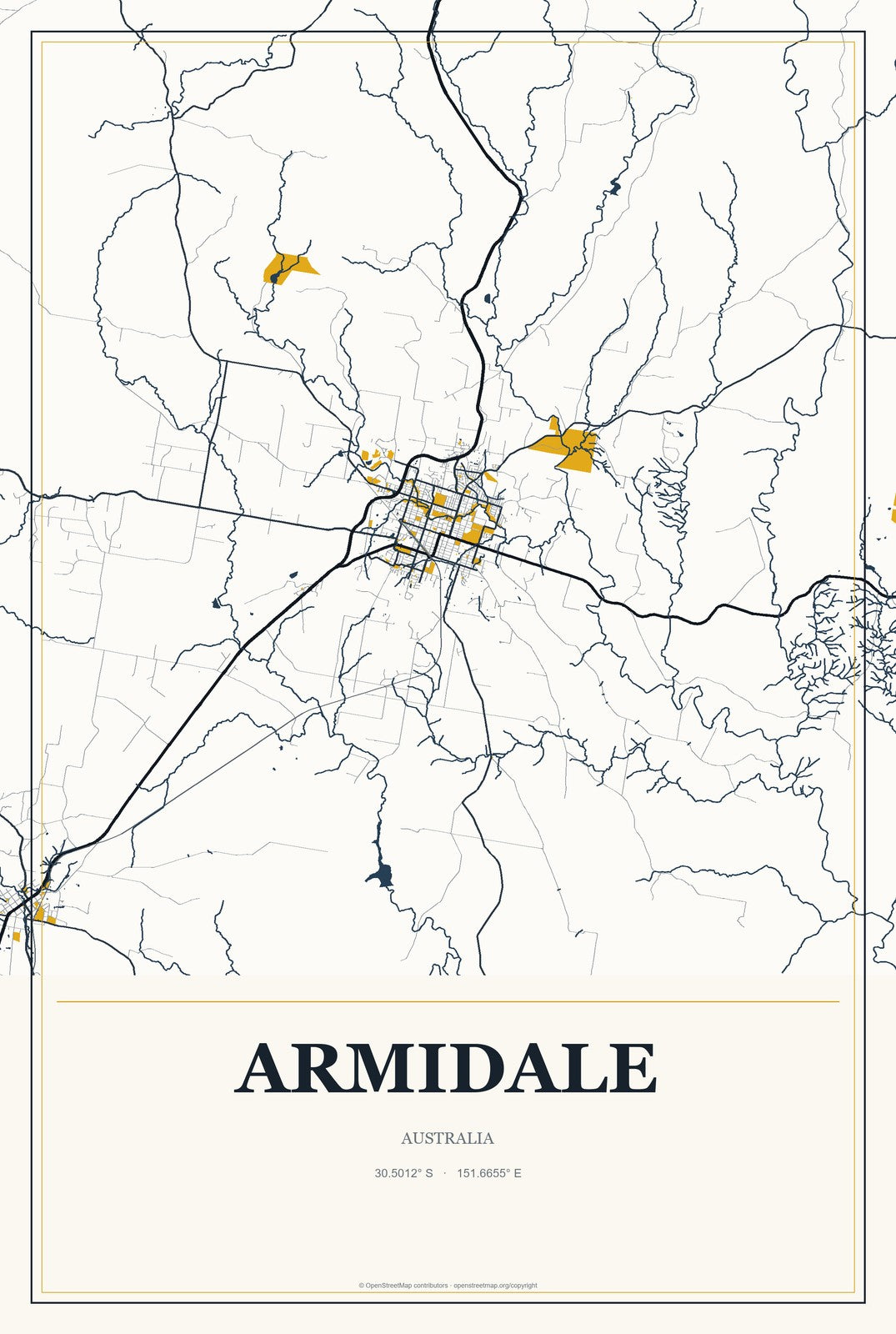 Armidale, Australia City Map Aluminum Sign in Citrine Modern style