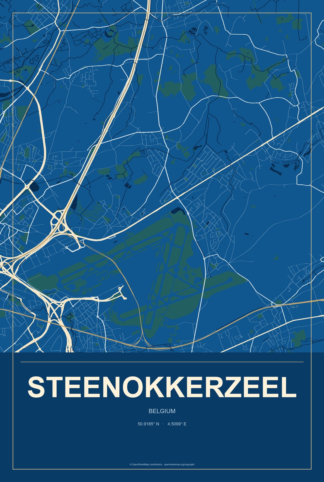 Steenokkerzeel, Belgium City Map Aluminum Sign in Harbor Cobalt style
