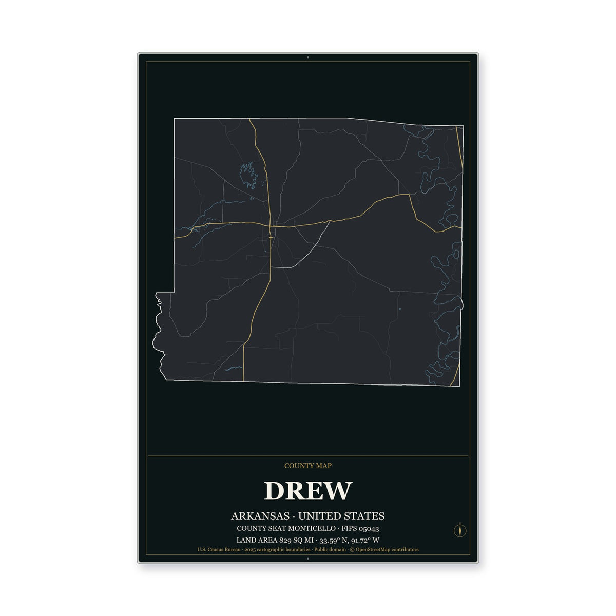 Drew County, Arkansas Map Aluminum Sign in Metropolitan Noir style