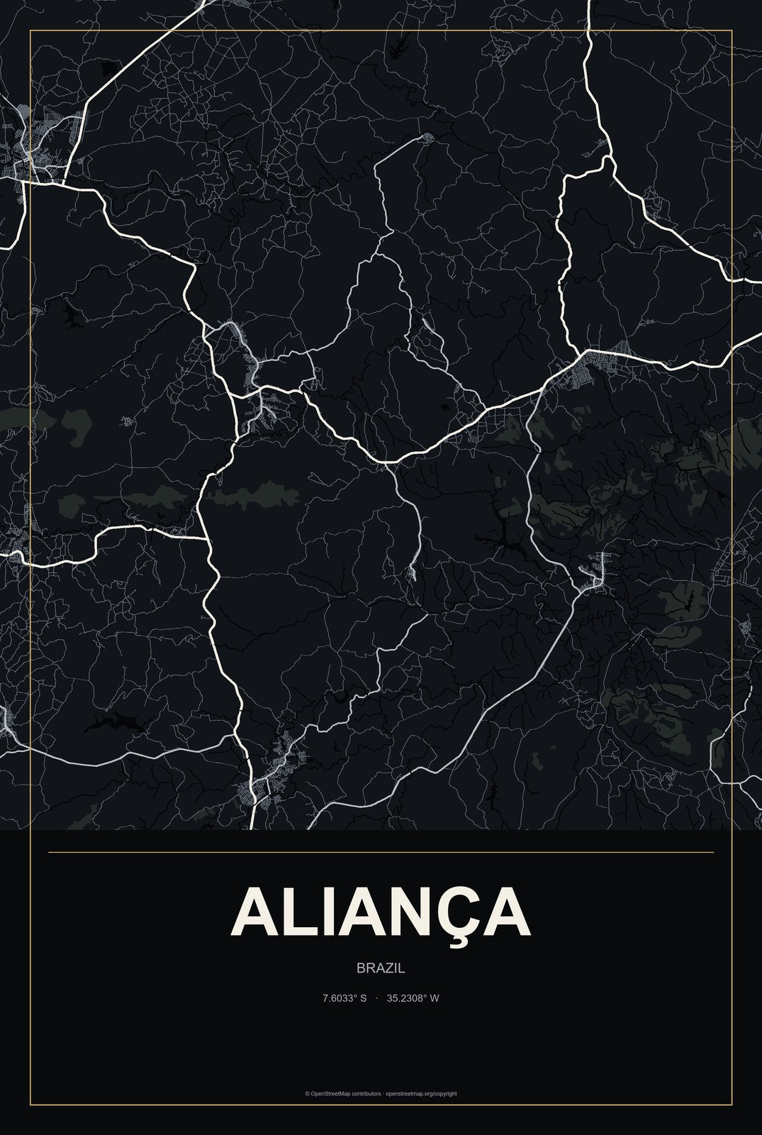 Aliança, Brazil City Map Aluminum Sign in Metropolitan Noir style