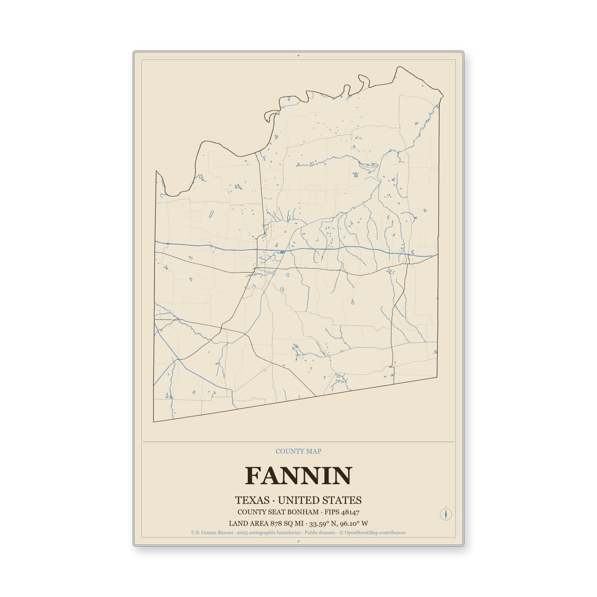 Fannin County, Texas Map Aluminum Sign in Heritage Nautical style