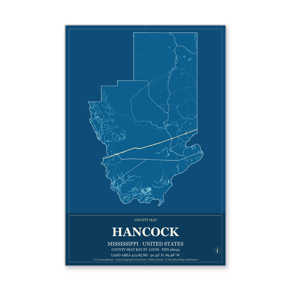 Hancock County, Mississippi Map Aluminum Sign in Harbor Cobalt style