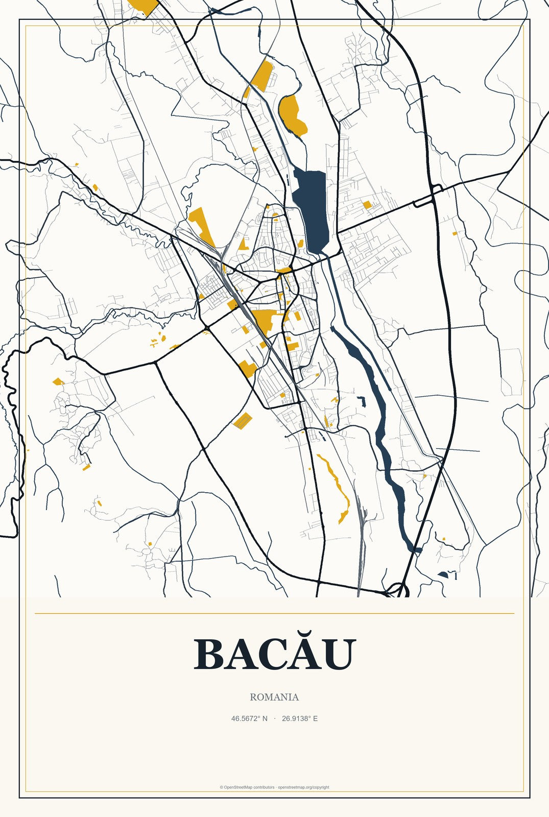 Bacău, Romania City Map Aluminum Sign in Citrine Modern style