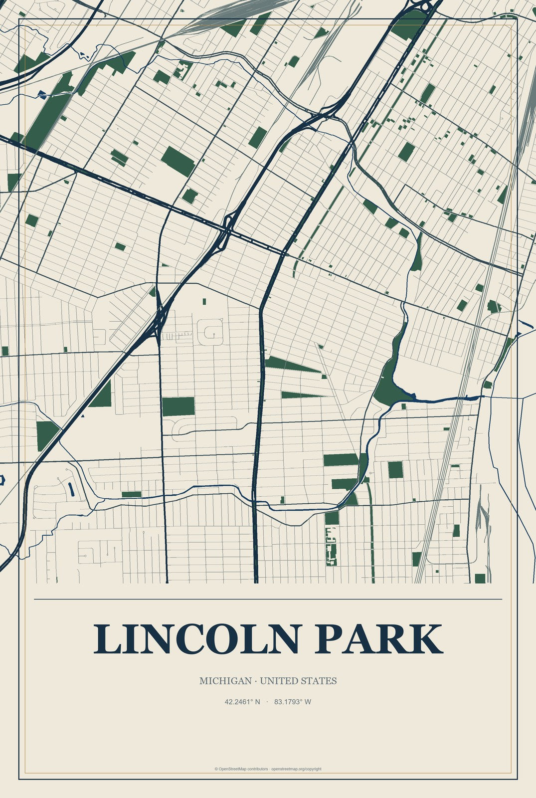 Lincoln Park, Michigan City Map Aluminum Sign in Coastal Cutout style