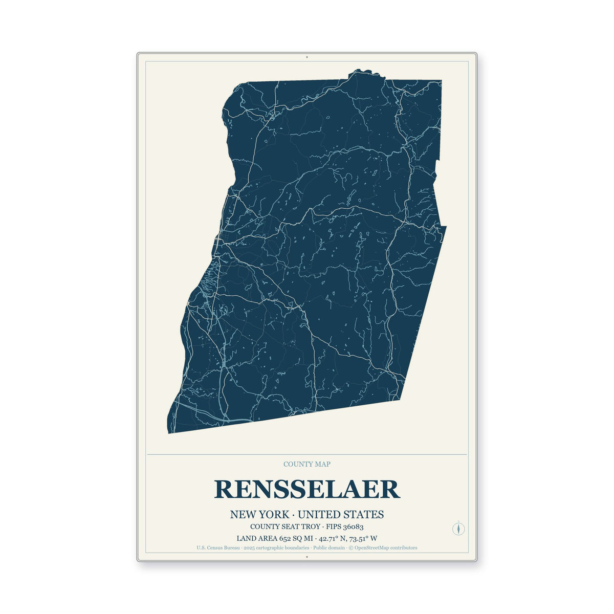 Rensselaer County, New York Map Aluminum Sign in Coastal Cutout style