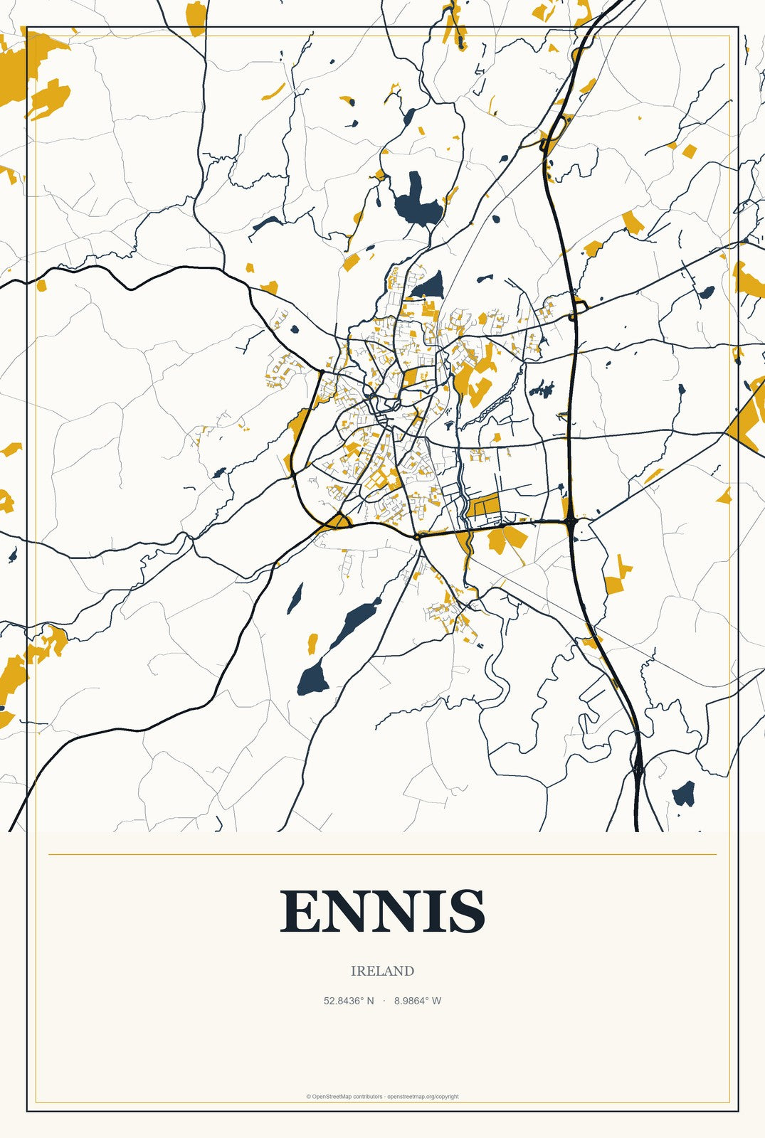 Ennis, Ireland City Map Aluminum Sign in Citrine Modern style