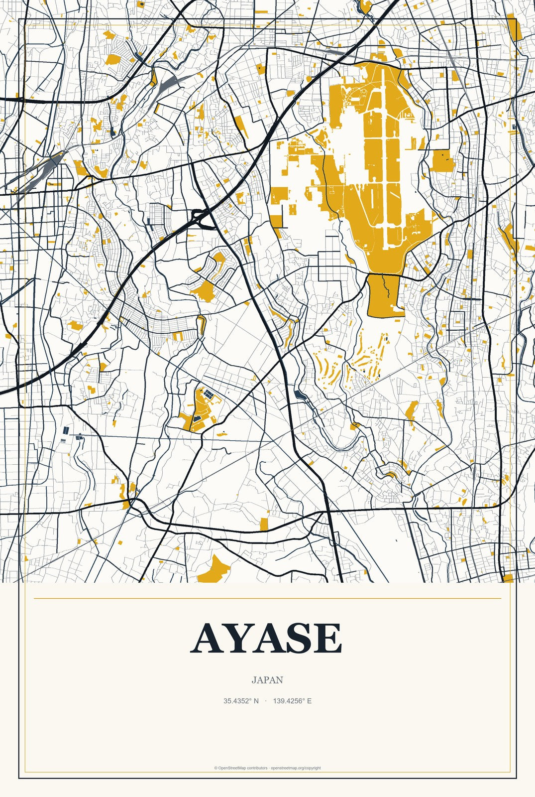 Ayase, Japan City Map Aluminum Sign in Citrine Modern style