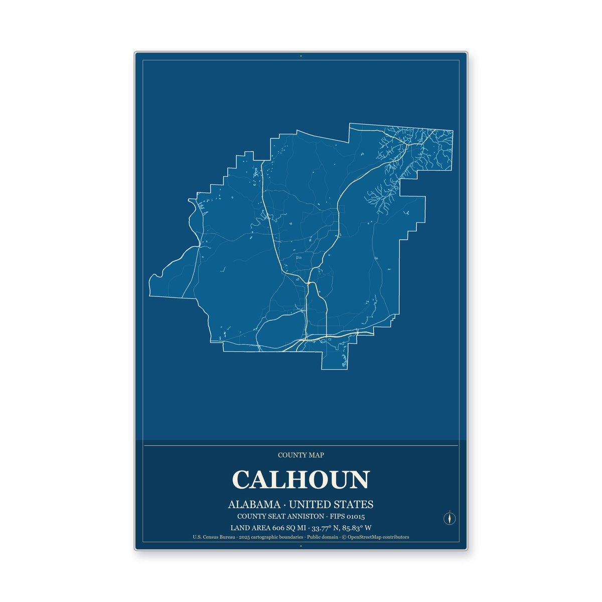 Calhoun County, Alabama Map Aluminum Sign in Harbor Cobalt style