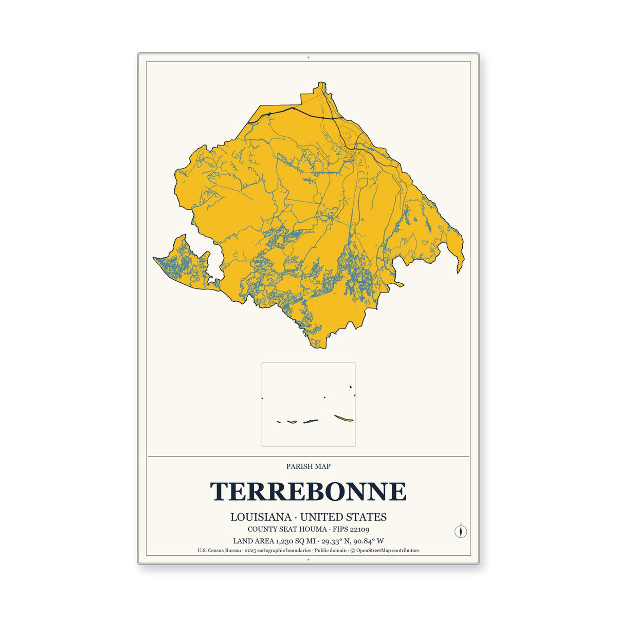 Terrebonne Parish, Louisiana Map Aluminum Sign in Citrine Modern style