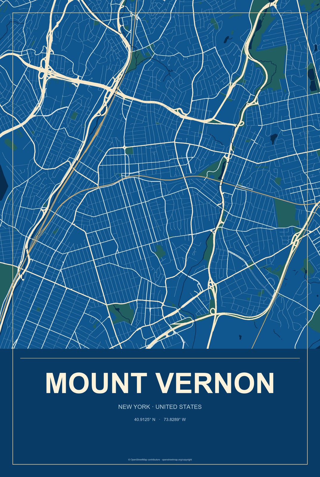 Mount Vernon, New York City Map Aluminum Sign in Harbor Cobalt style