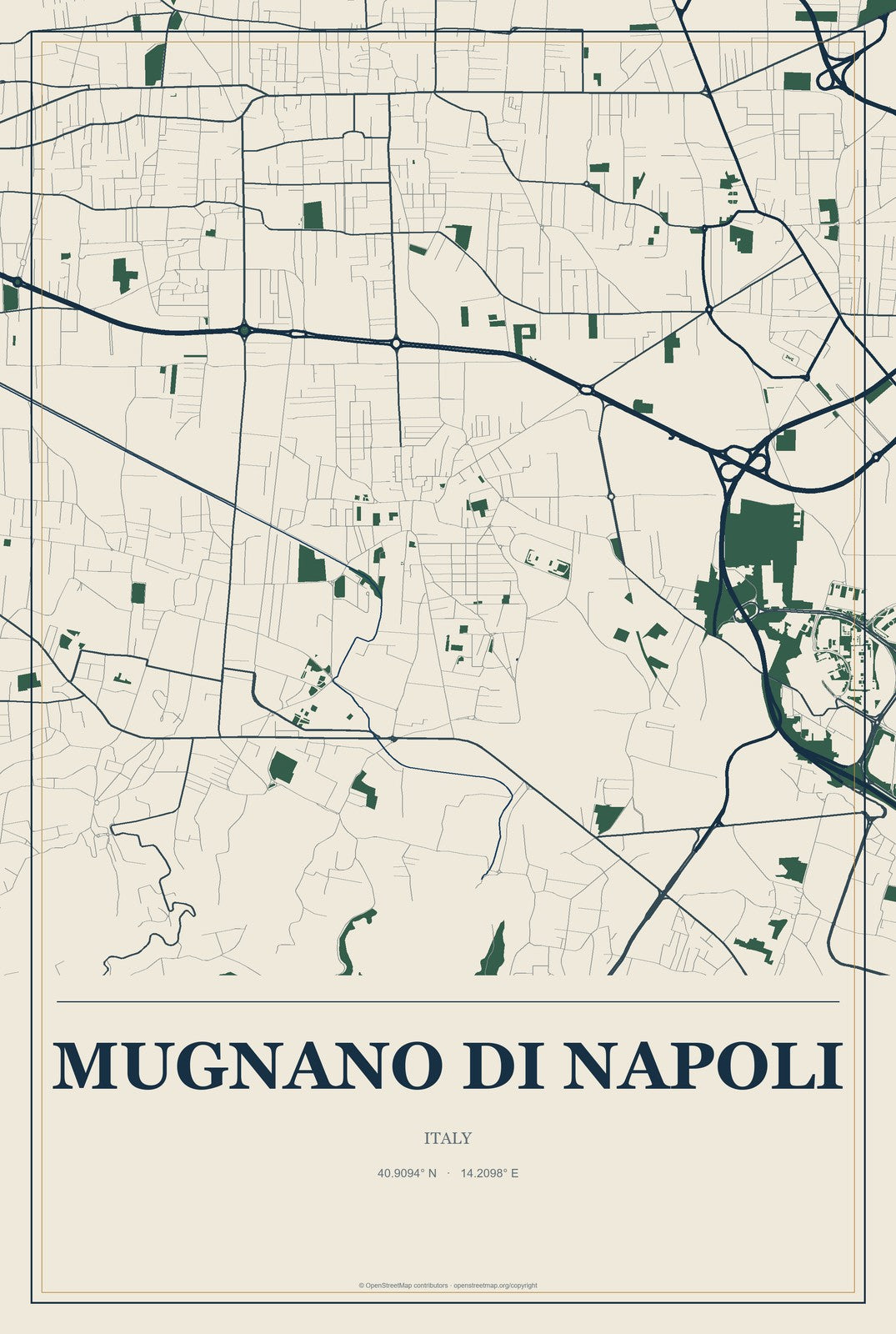 Mugnano di Napoli, Italy City Map Aluminum Sign in Coastal Cutout style