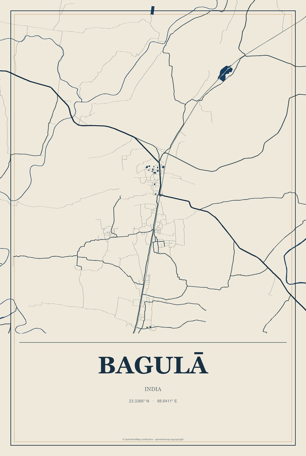 Bagulā, India City Map Aluminum Sign in Coastal Cutout style