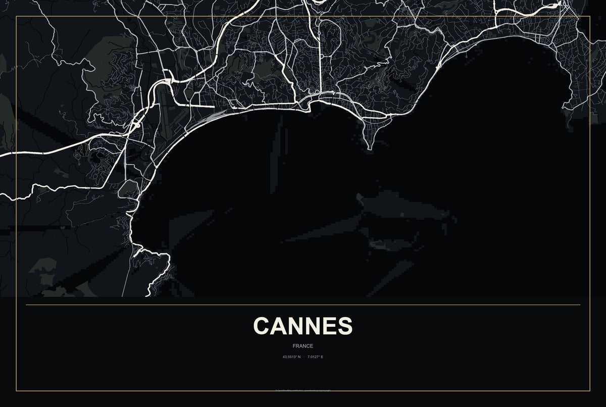 Cannes, France City Map Aluminum Sign in Metropolitan Noir style