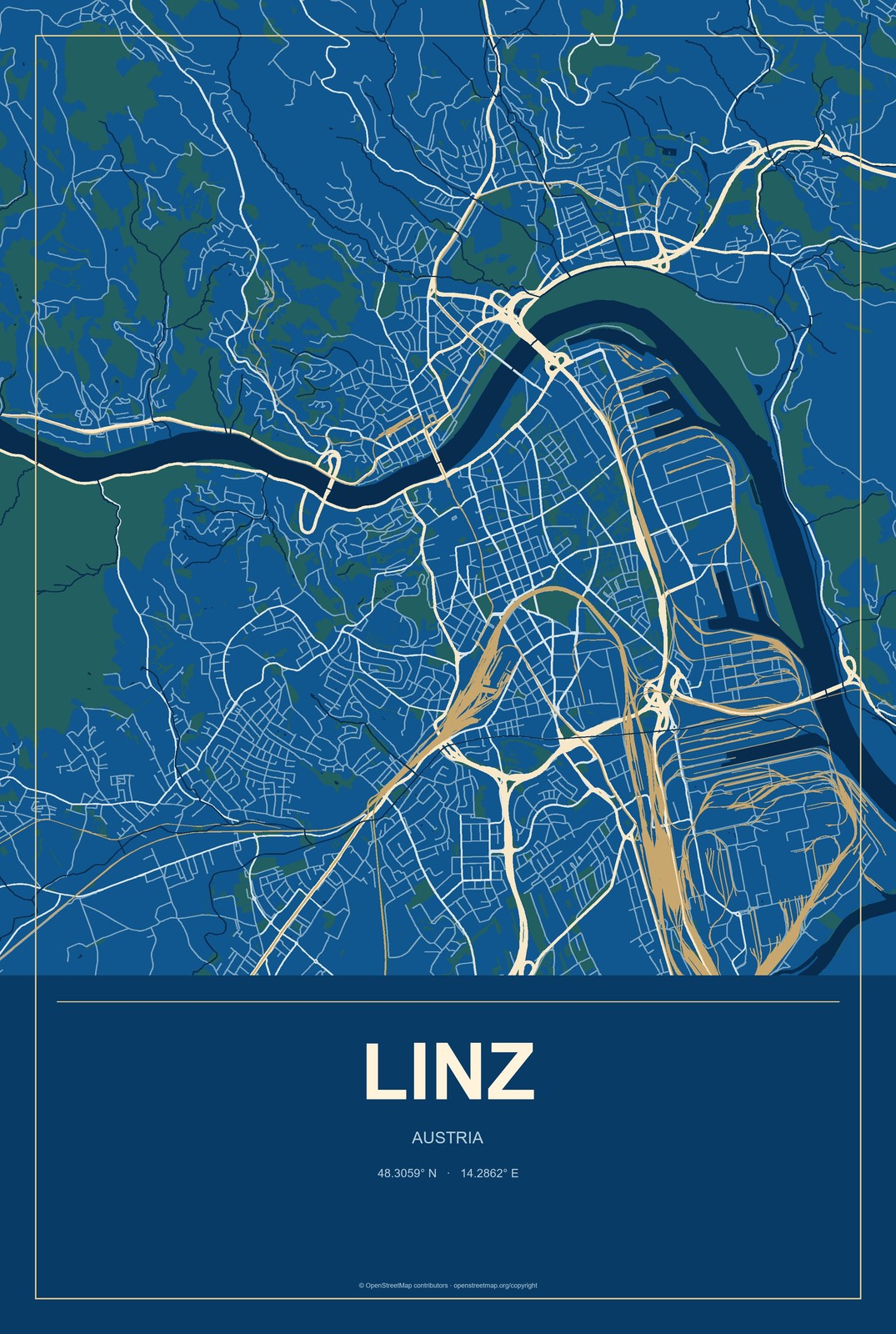 Linz, Austria City Map Aluminum Sign in Harbor Cobalt style