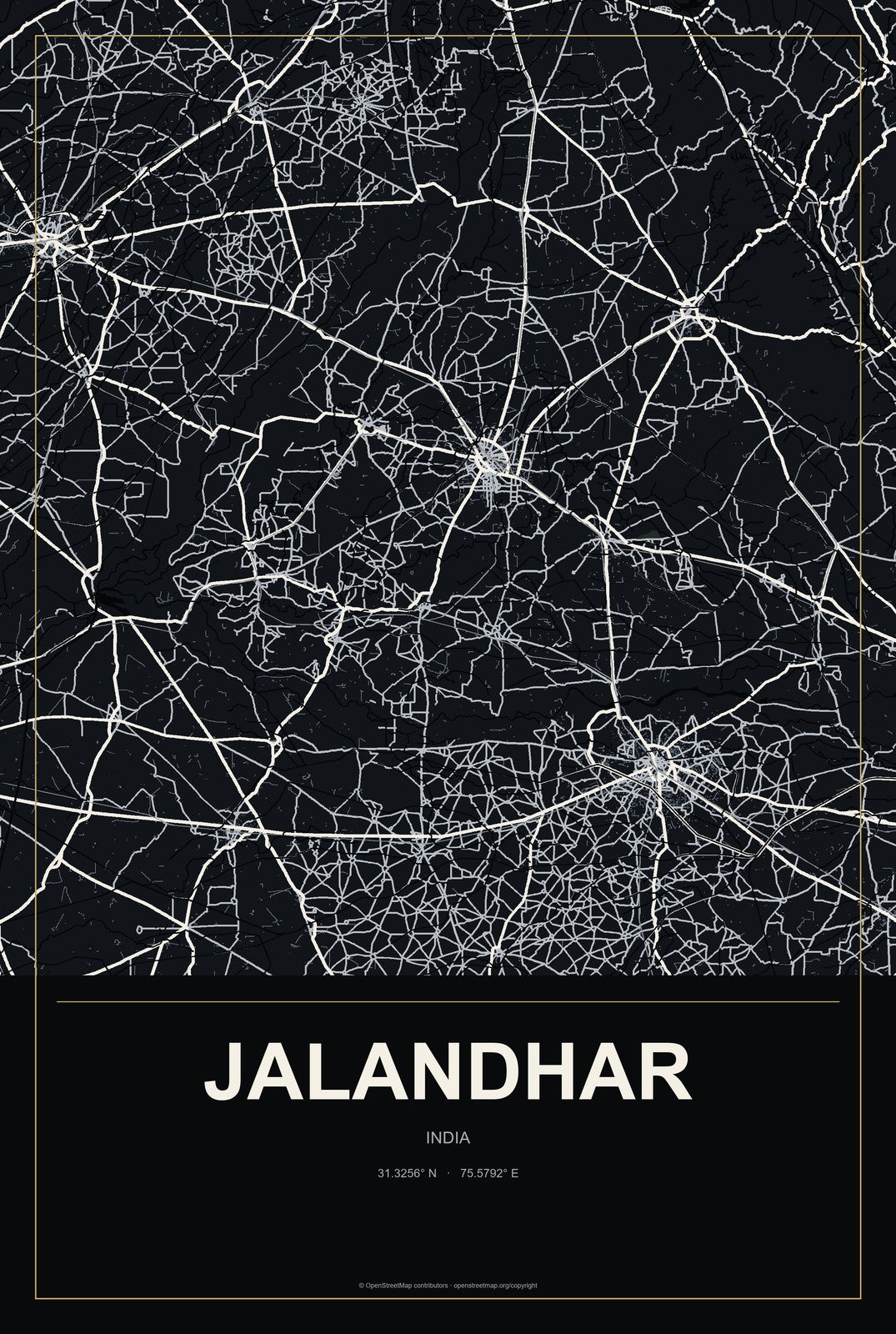 Jalandhar, India City Map Aluminum Sign in Metropolitan Noir style