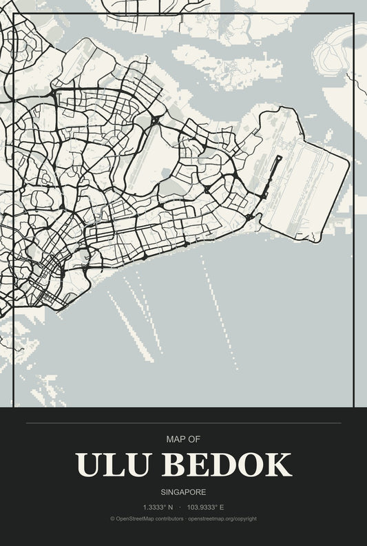 Ulu Bedok, Singapore City Map Aluminum Sign in Museum Plaque style