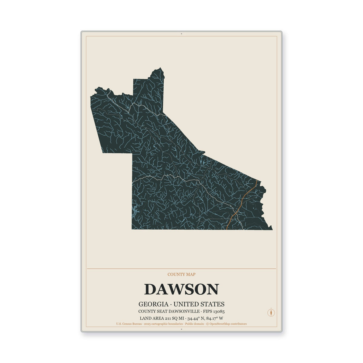 Dawson County, Georgia Map Aluminum Sign in Headline Atlas style