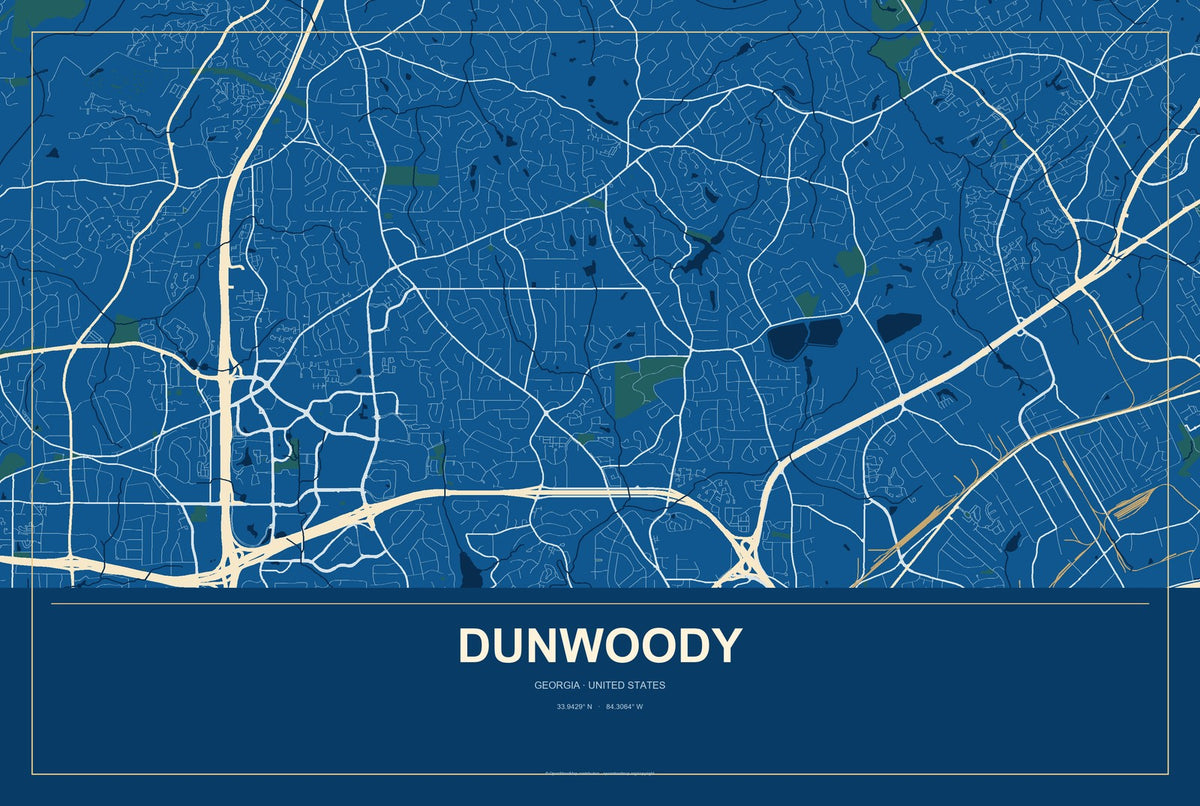 Dunwoody, Georgia City Map Aluminum Sign in Harbor Cobalt style