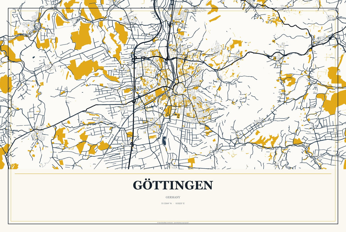 Göttingen, Germany City Map Aluminum Sign in Citrine Modern style