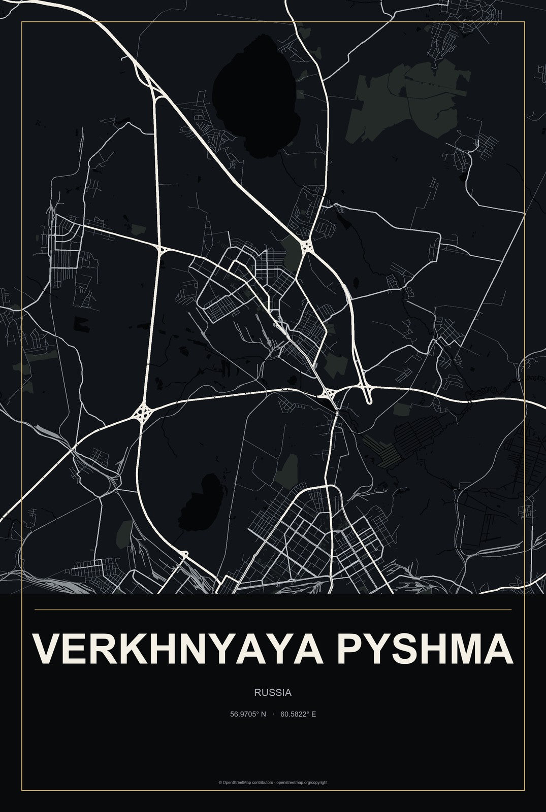 Verkhnyaya Pyshma, Russia City Map Aluminum Sign in Metropolitan Noir style