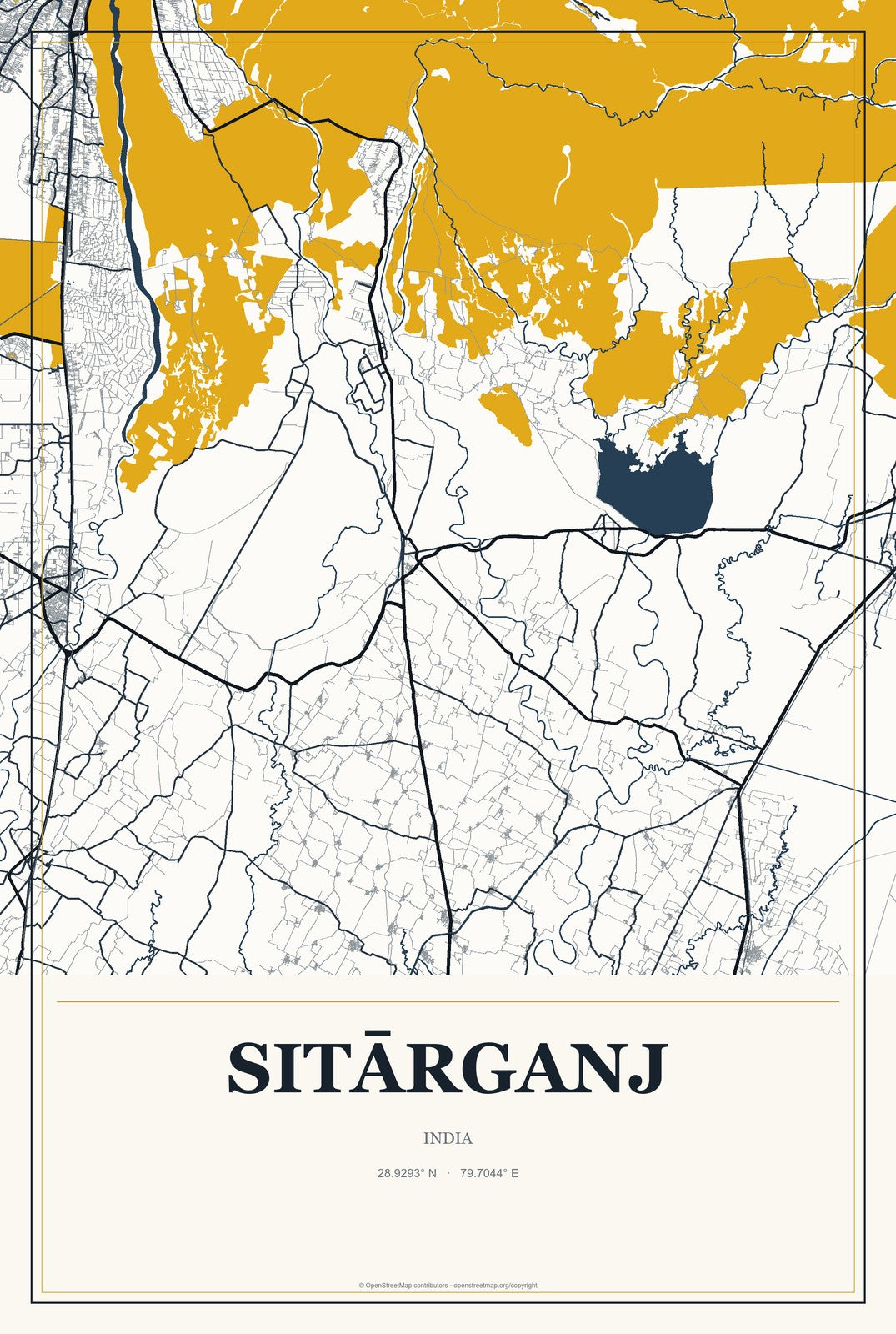 Sitārganj, India City Map Aluminum Sign in Citrine Modern style