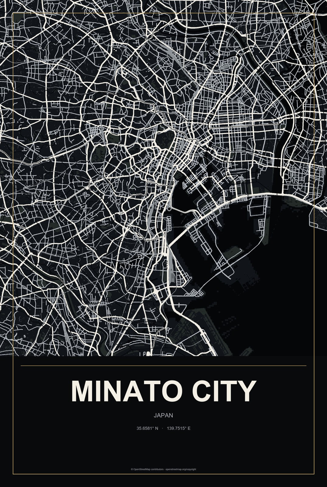 Minato City, Japan City Map Aluminum Sign in Metropolitan Noir style