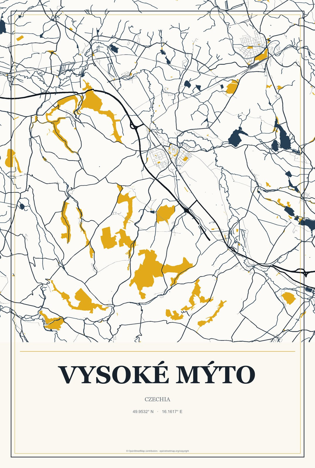 Vysoké Mýto, Czechia City Map Aluminum Sign in Citrine Modern style