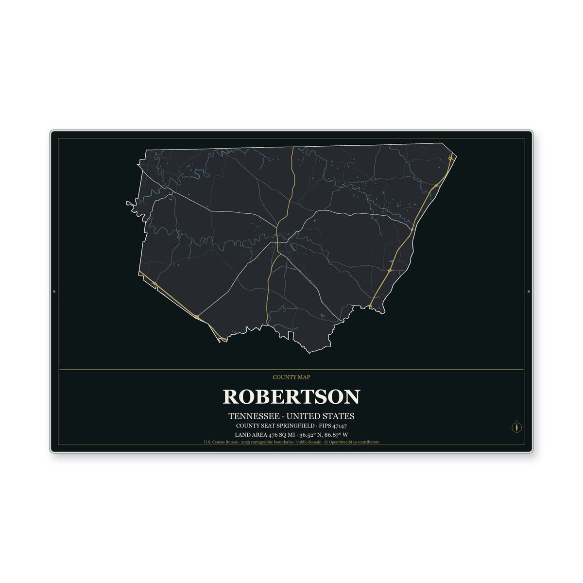 Robertson County, Tennessee Map Aluminum Sign in Metropolitan Noir style