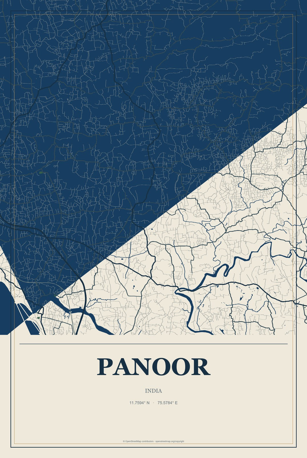 Panoor, India City Map Aluminum Sign in Coastal Cutout style