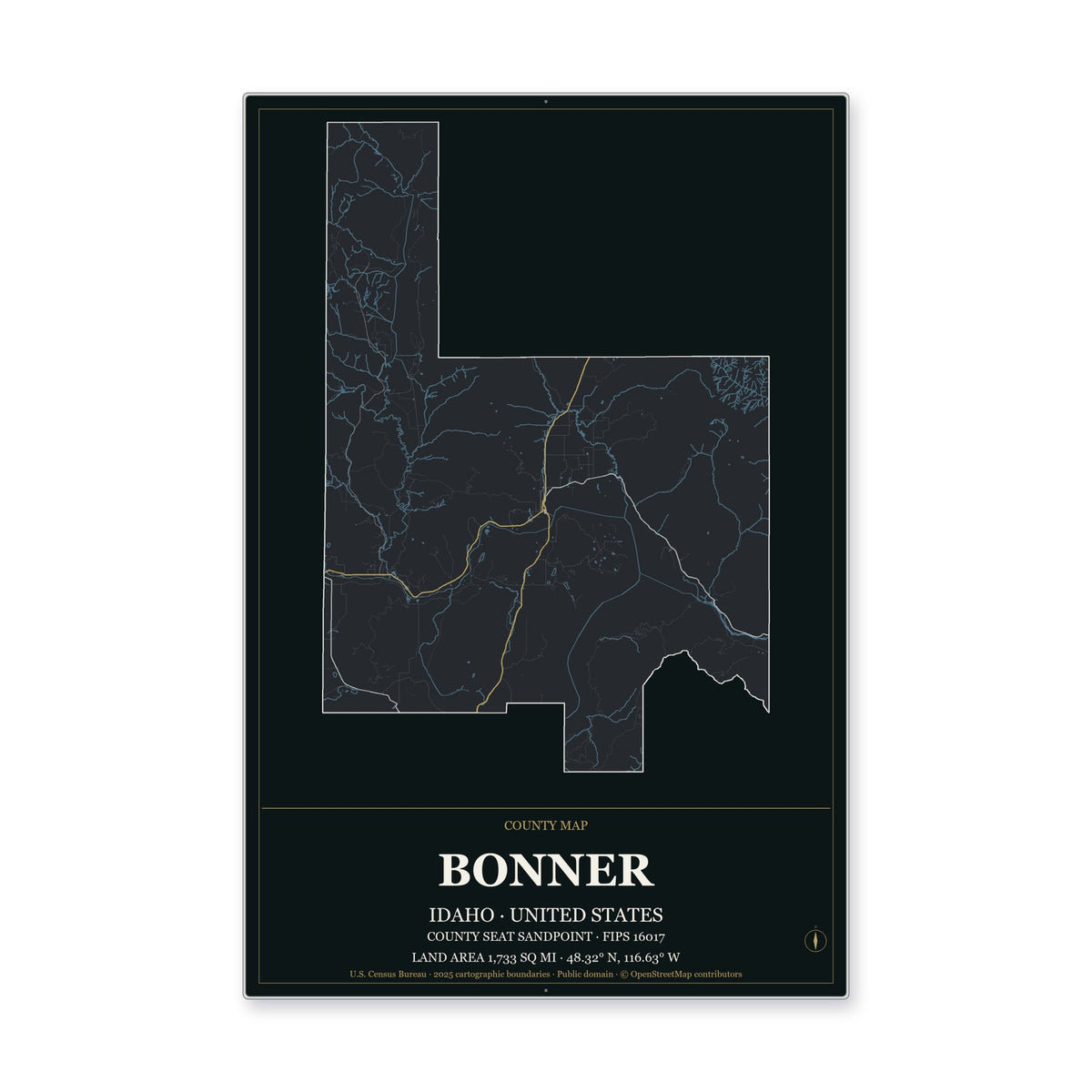 Bonner County, Idaho Map Aluminum Sign in Metropolitan Noir style