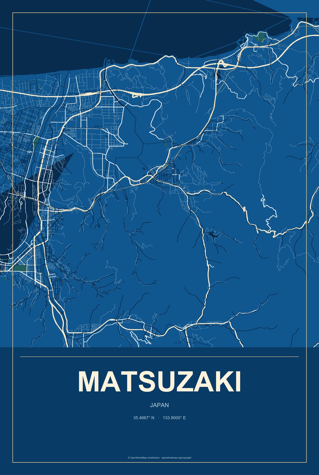 Matsuzaki, Japan City Map Aluminum Sign in Harbor Cobalt style
