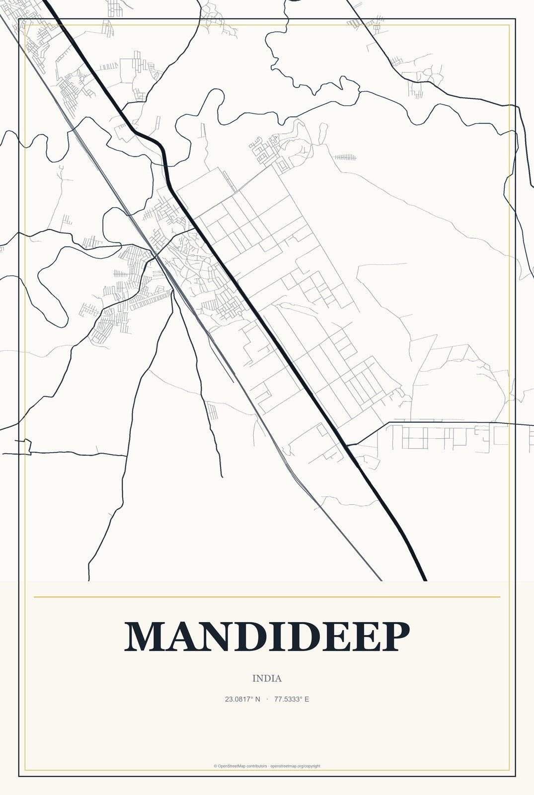 Mandideep, India City Map Aluminum Sign in Citrine Modern style
