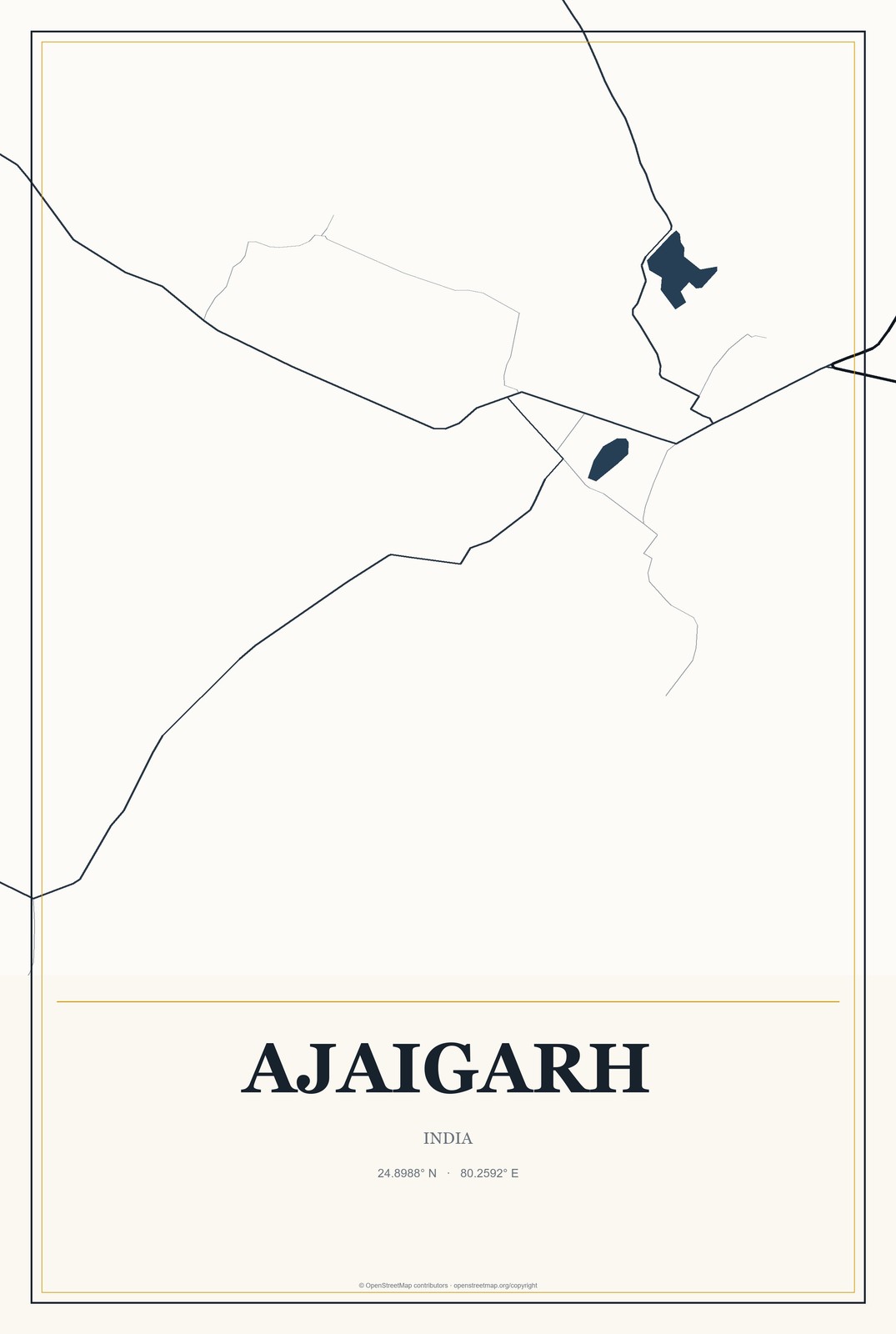 Ajaigarh, India City Map Aluminum Sign in Citrine Modern style