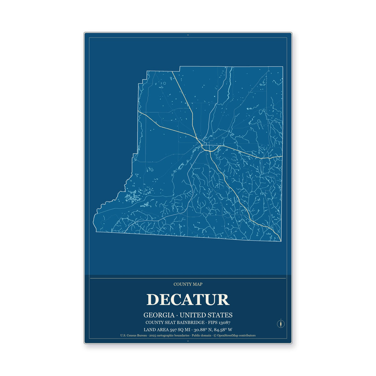 Decatur County, Georgia Map Aluminum Sign in Harbor Cobalt style