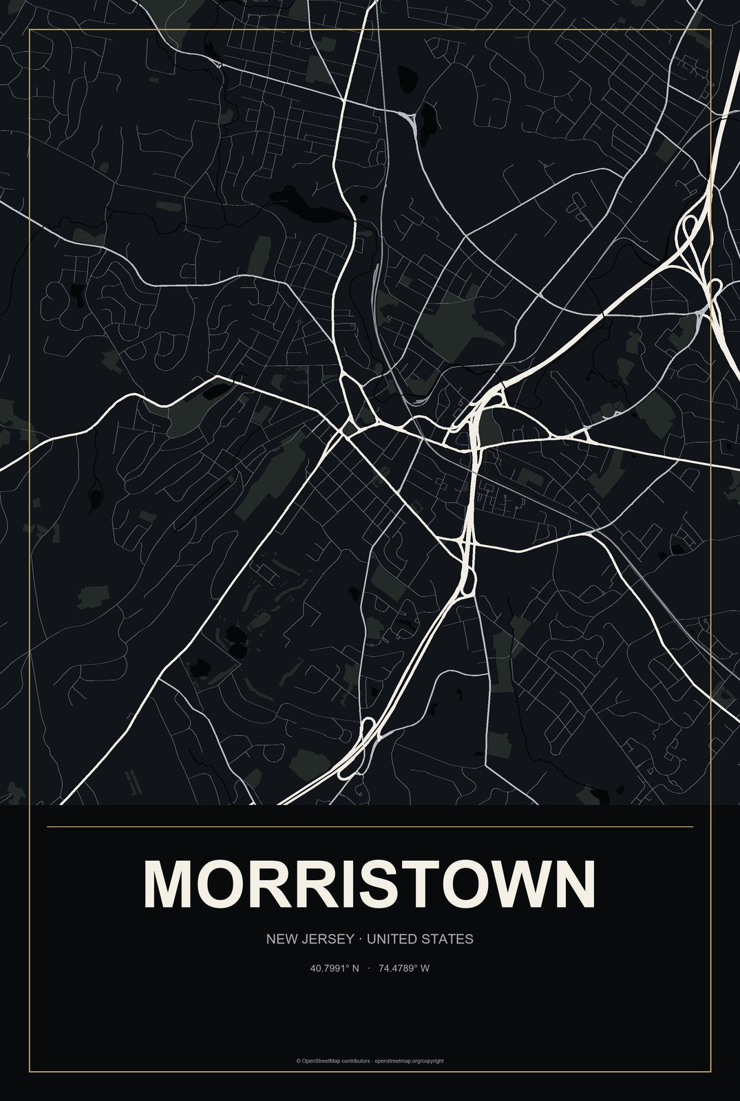Morristown, New Jersey City Map Aluminum Sign in Metropolitan Noir style