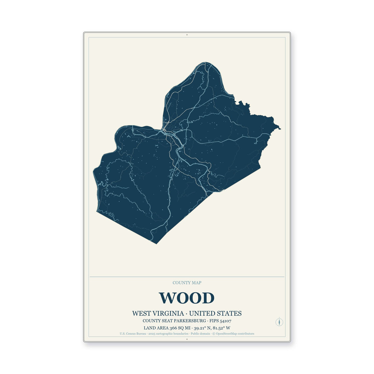 Wood County, West Virginia Map Aluminum Sign in Coastal Cutout style