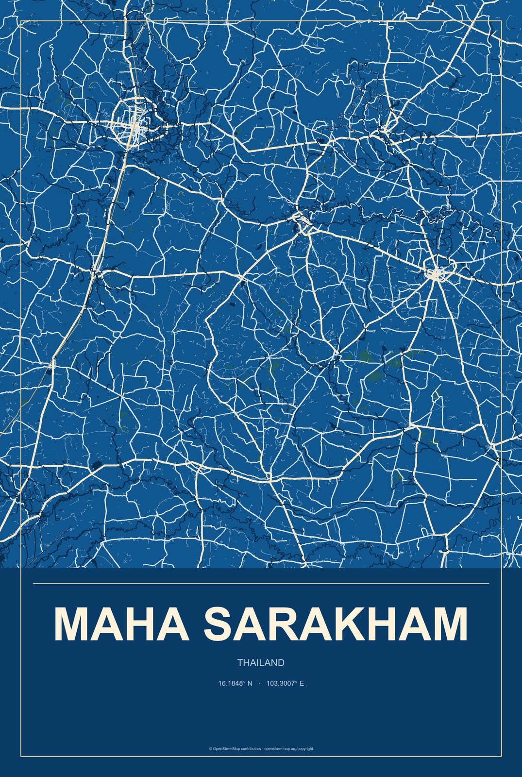 Maha Sarakham, Thailand City Map Aluminum Sign in Harbor Cobalt style
