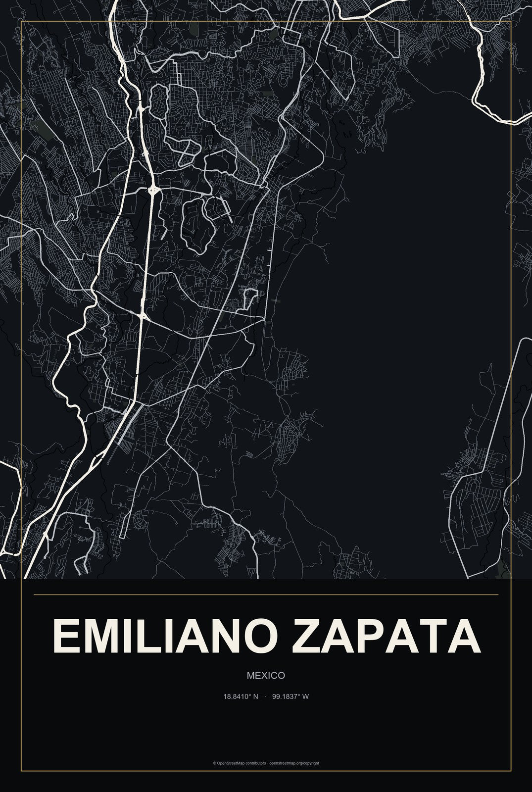 Emiliano Zapata, México, Mexico City Map Aluminum Sign in Metropolitan Noir style