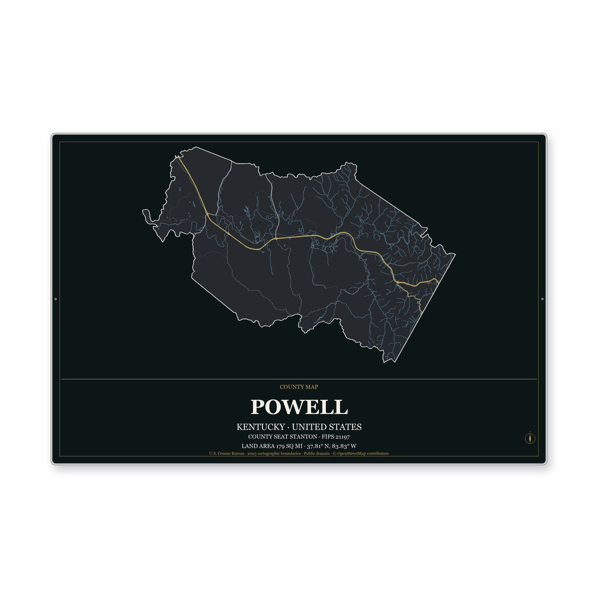 Powell County, Kentucky Map Aluminum Sign in Metropolitan Noir style