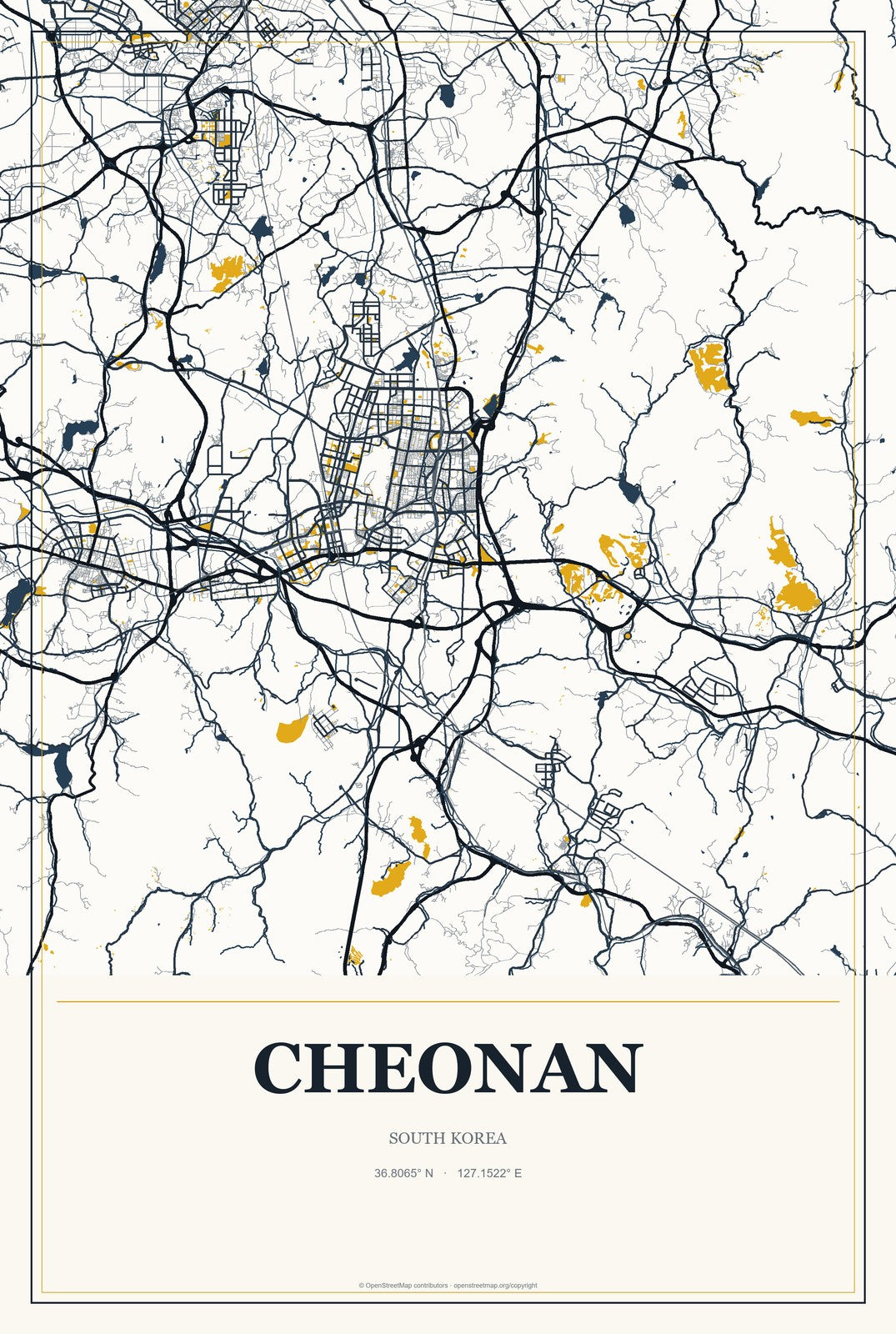 Cheonan, South Korea City Map Aluminum Sign in Citrine Modern style