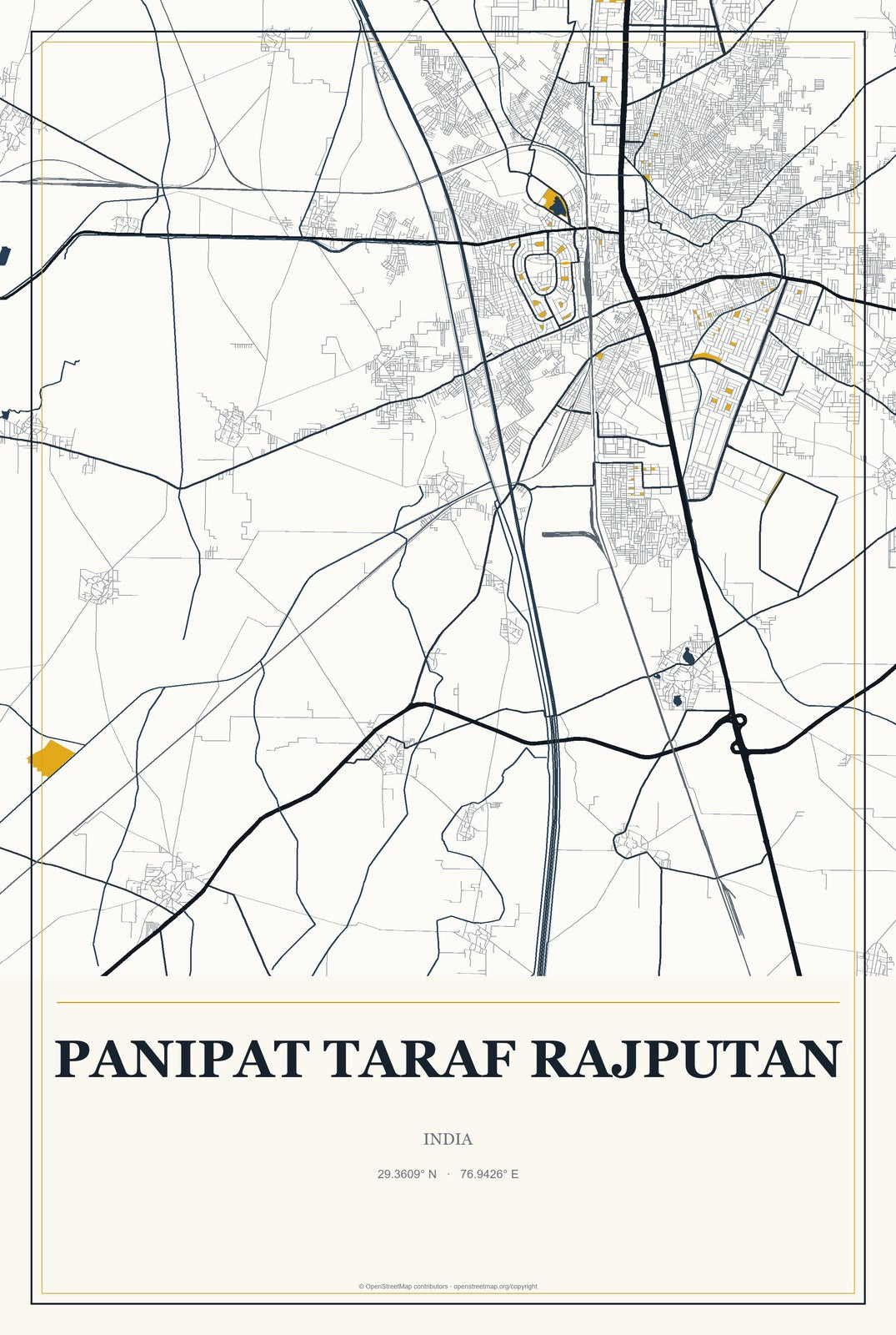 Panipat Taraf Rajputan, India City Map Aluminum Sign in Citrine Modern style