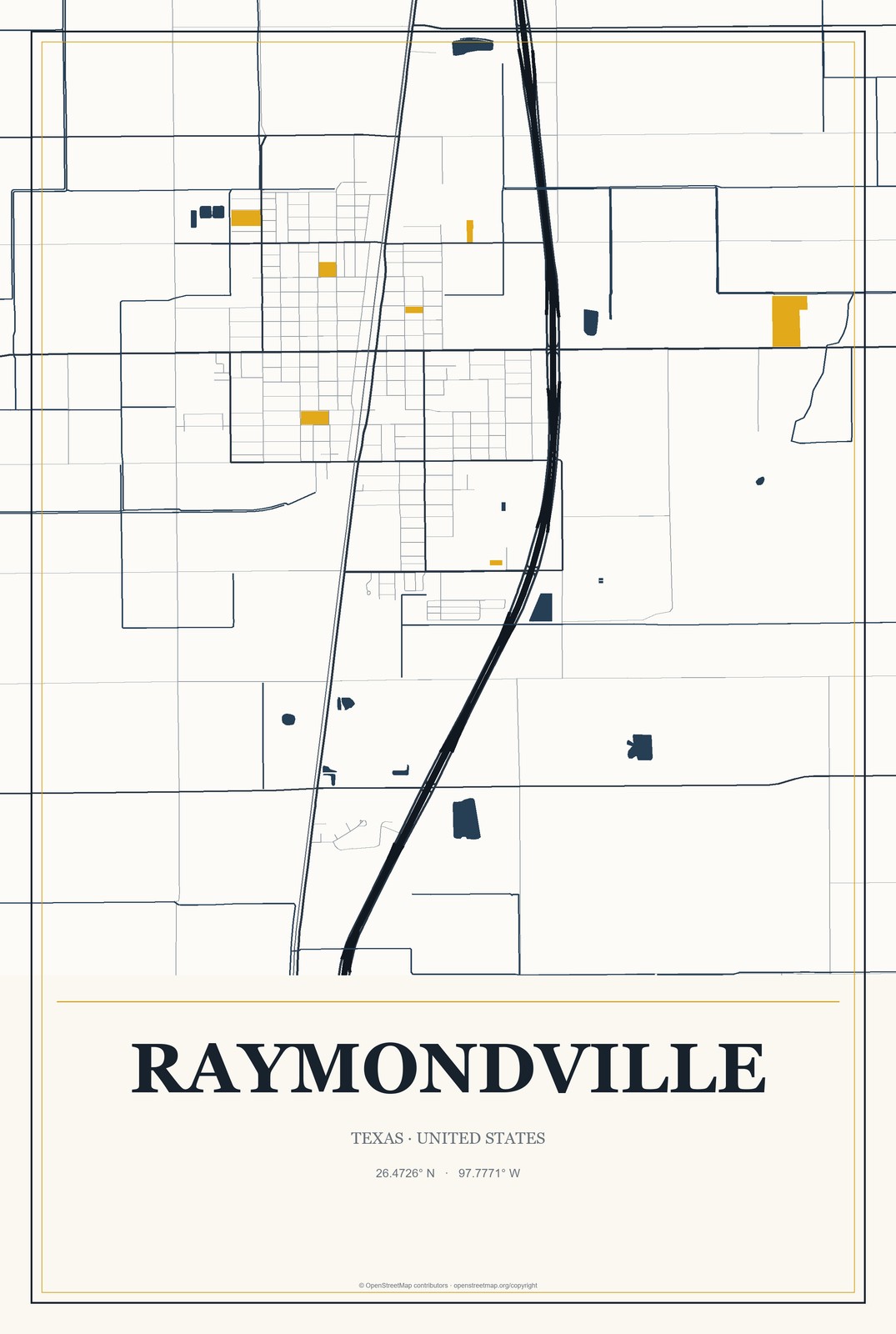 Raymondville, Texas City Map Aluminum Sign in Citrine Modern style