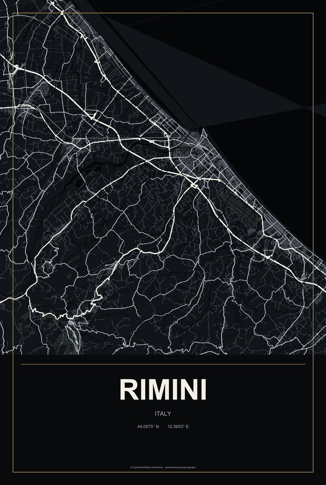 Rimini, Italy City Map Aluminum Sign in Metropolitan Noir style