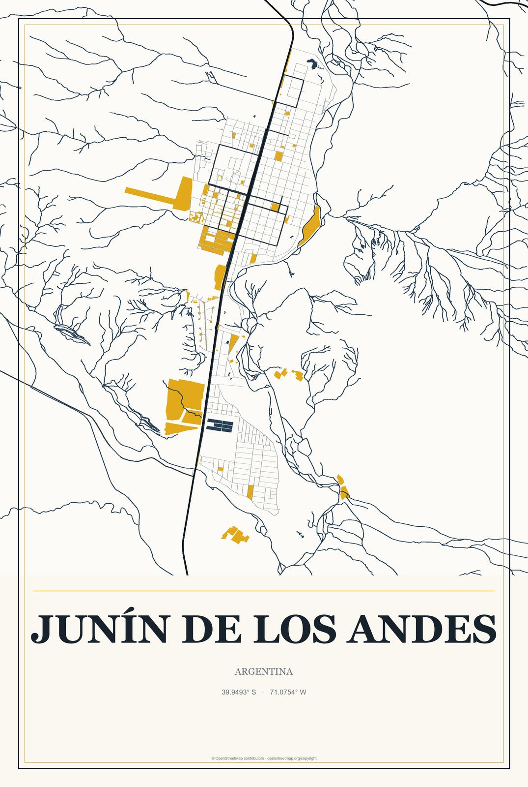 Junín de los Andes, Argentina City Map Aluminum Sign in Citrine Modern style