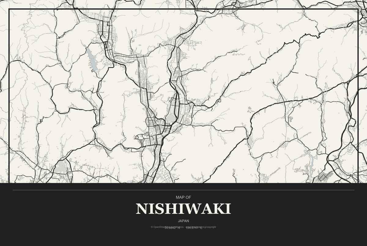 Nishiwaki, Japan City Map Aluminum Sign in Museum Plaque style