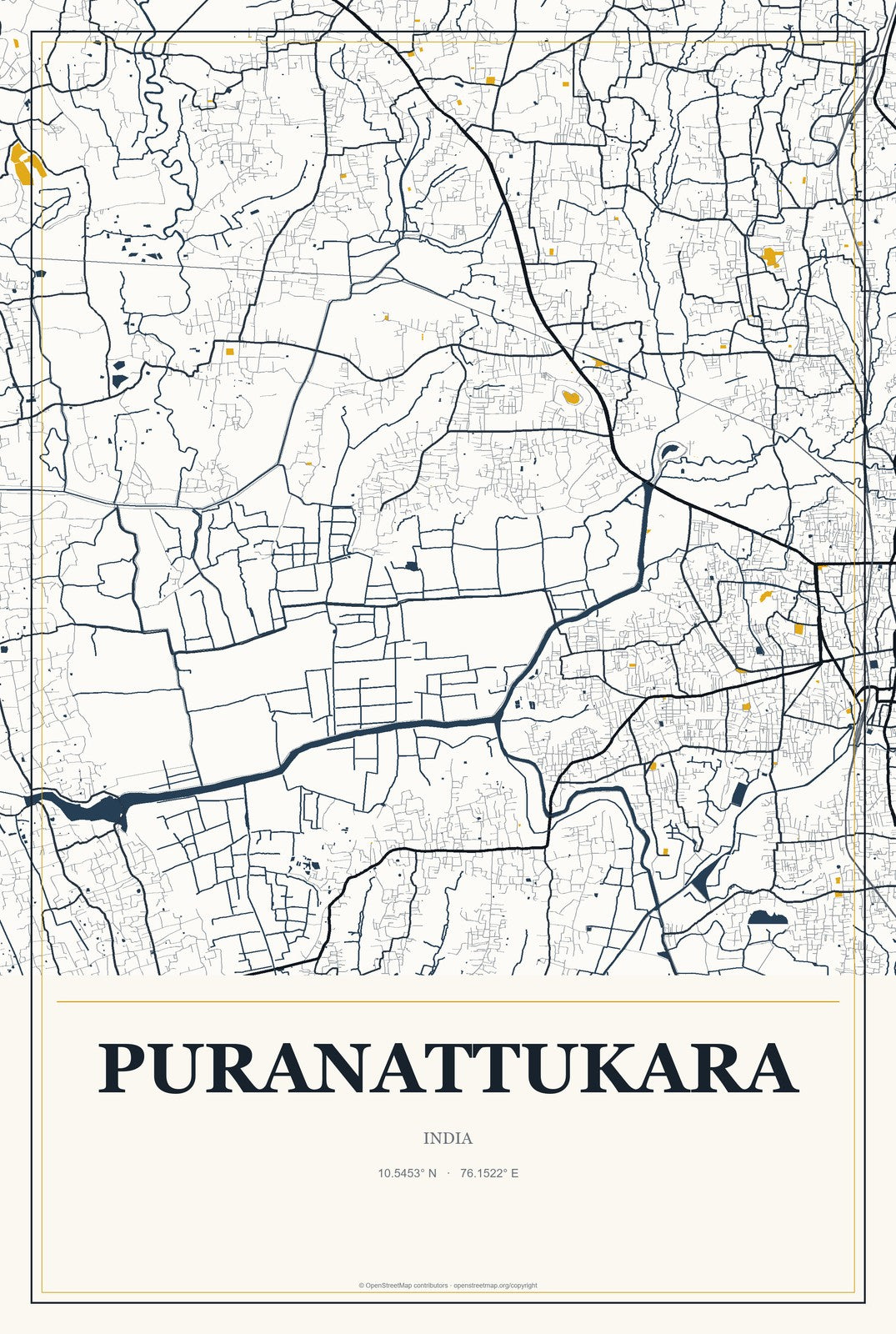 Puranattukara, India City Map Aluminum Sign in Citrine Modern style