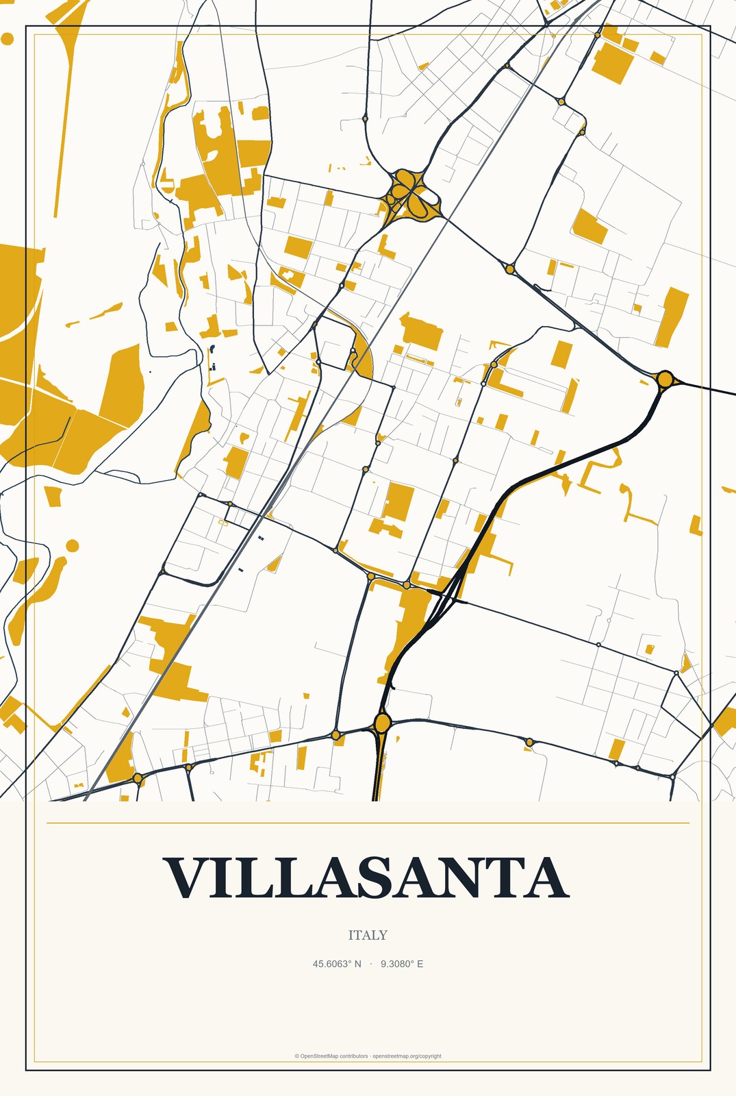Villasanta, Italy City Map Aluminum Sign in Citrine Modern style