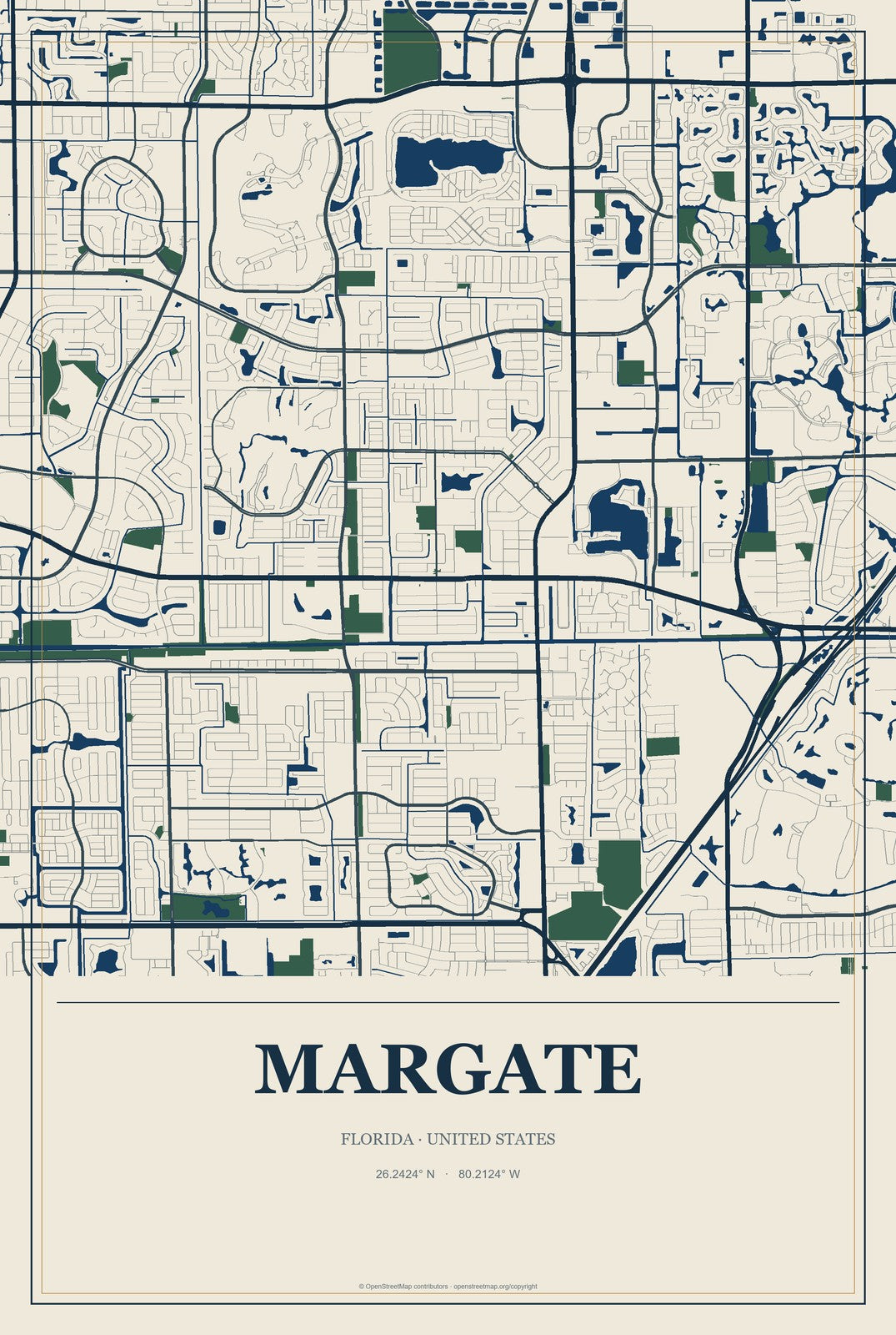 Margate, Florida City Map Aluminum Sign in Coastal Cutout style