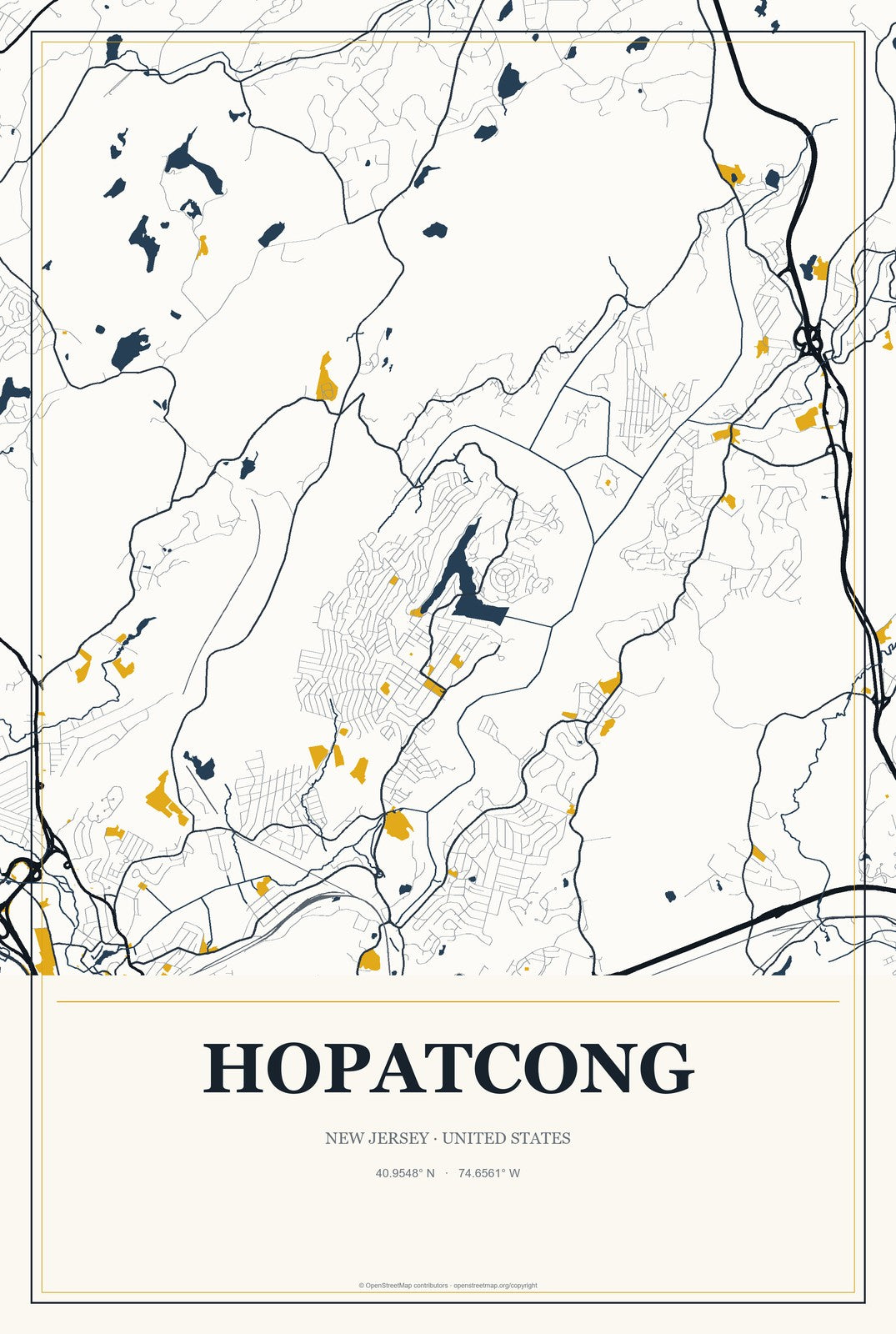 Hopatcong, New Jersey City Map Aluminum Sign in Citrine Modern style