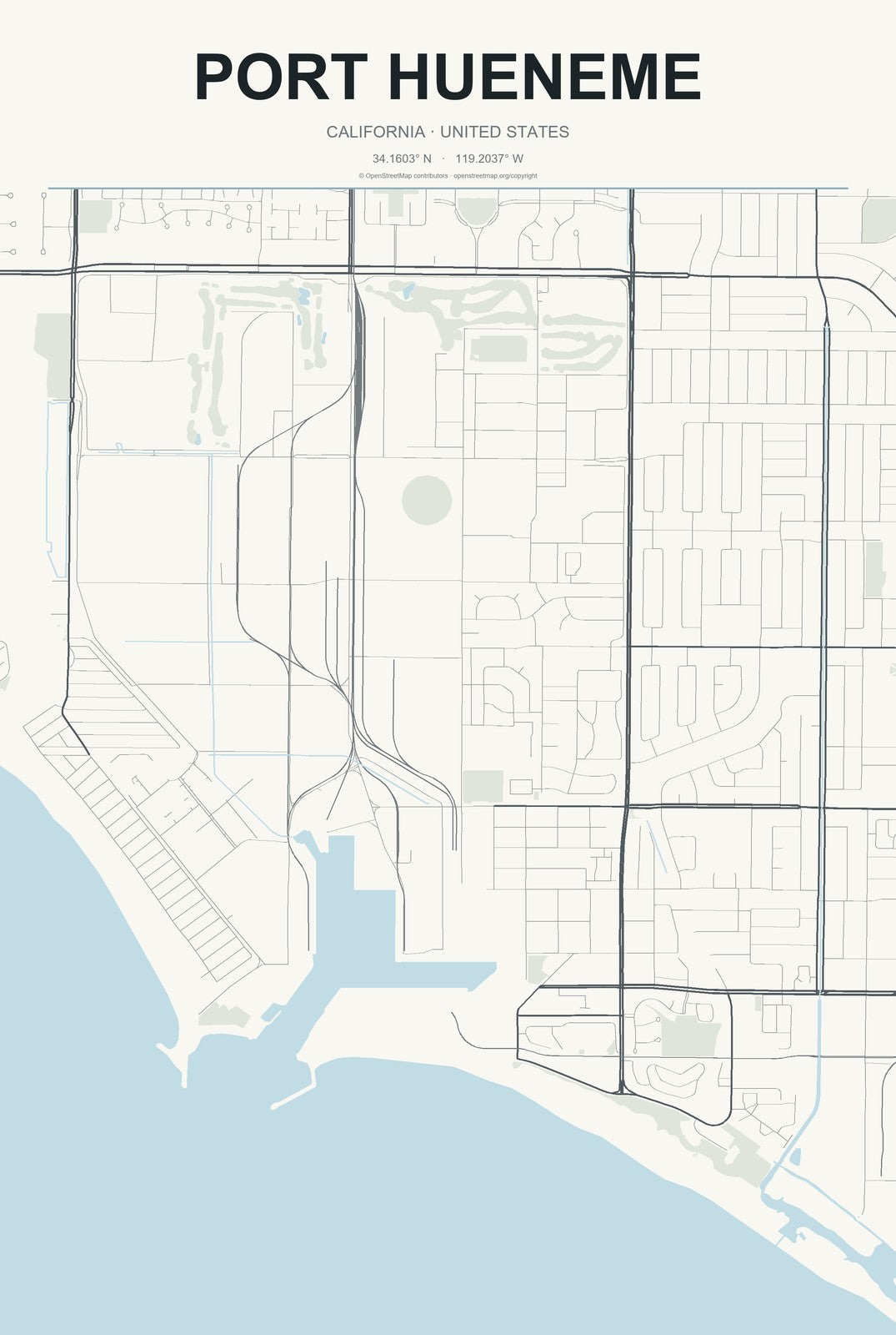 Port Hueneme, California City Map Aluminum Sign in Headline Atlas style